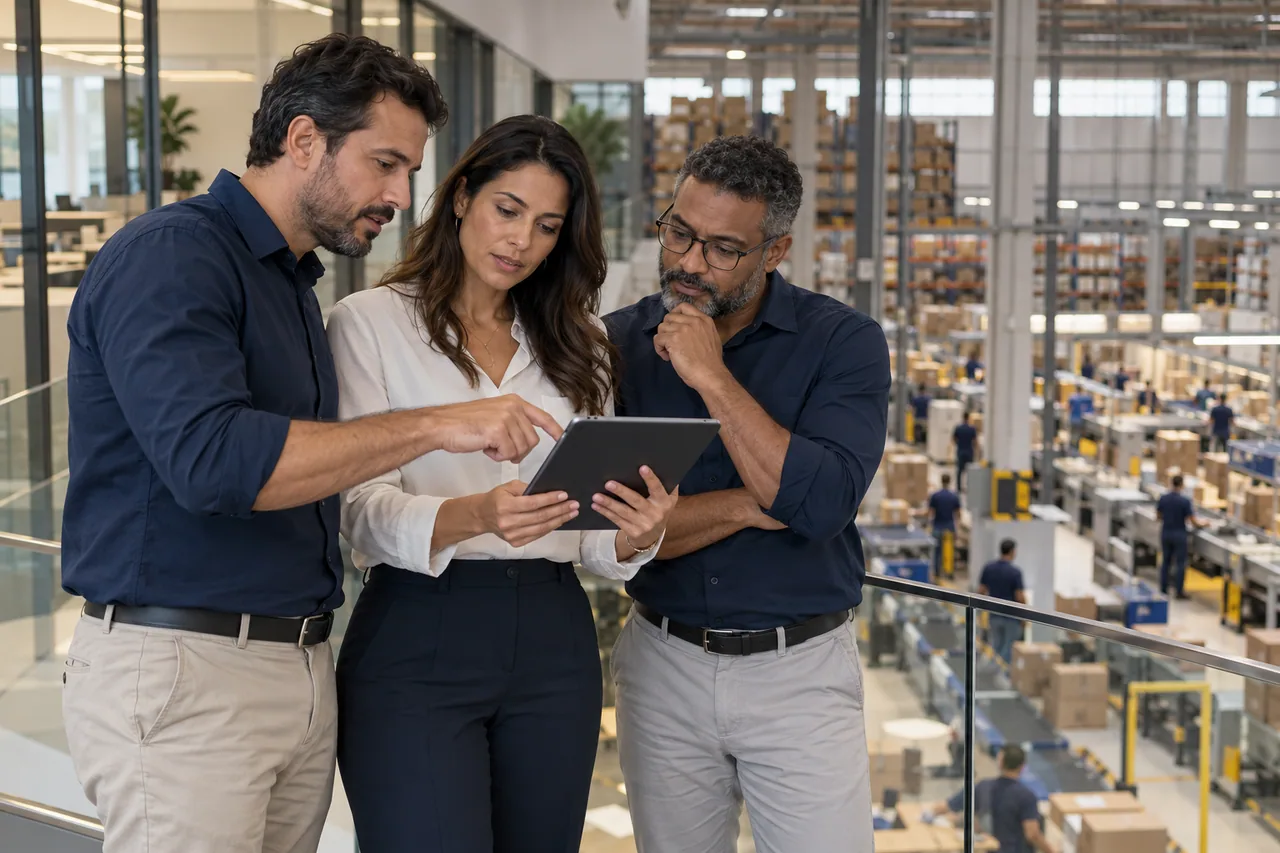 Lideranças de tecnologia e operações analisando um tablet em um centro de distribuição.