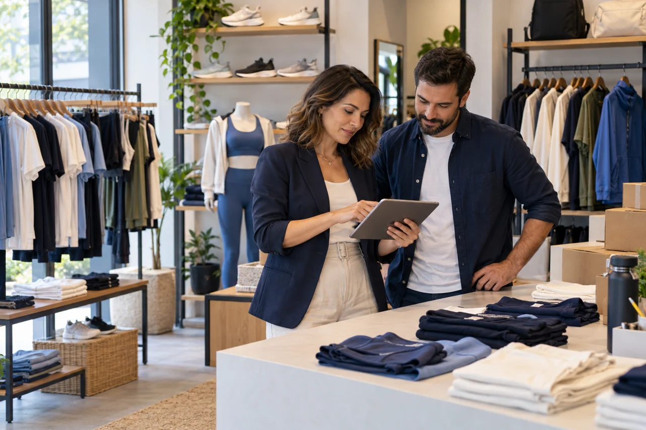 A manager and colleague reviewing a tablet in a fashion and activewear store with clothing racks, sneakers and order packaging.