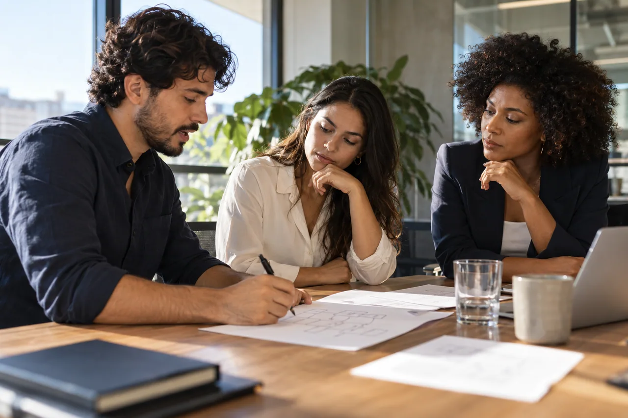 Profissionais discutindo processos e planejamento em uma reunião consultiva.