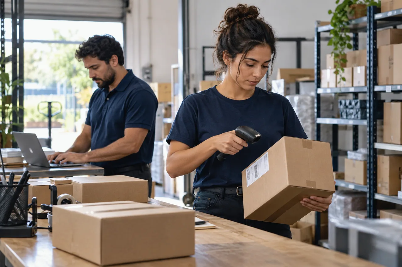 Profissionais conferindo uma encomenda e organizando pedidos em uma operação comercial.