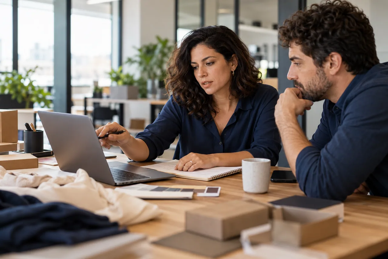 Gestora de e-commerce e colega analisando uma operação digital em um notebook.