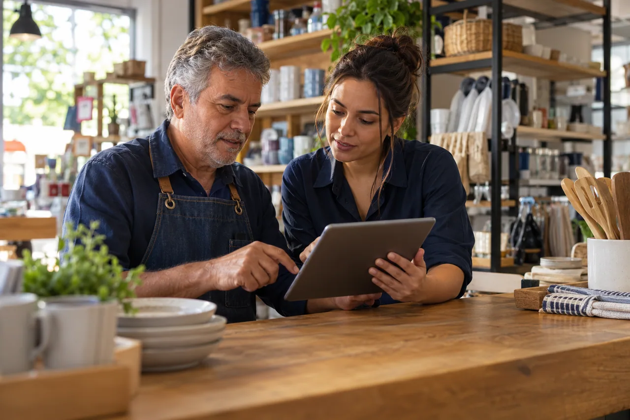 Comerciante experiente e colega usando um tablet no balcão da loja.