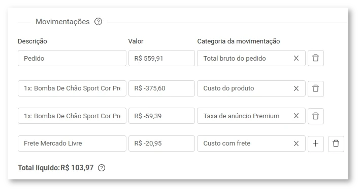 Movimentações do Pedido Escadio E-commerce